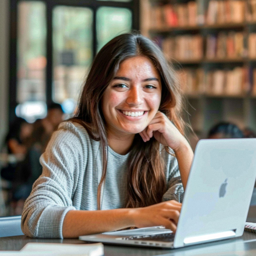 Student smiling while working on their laptop.